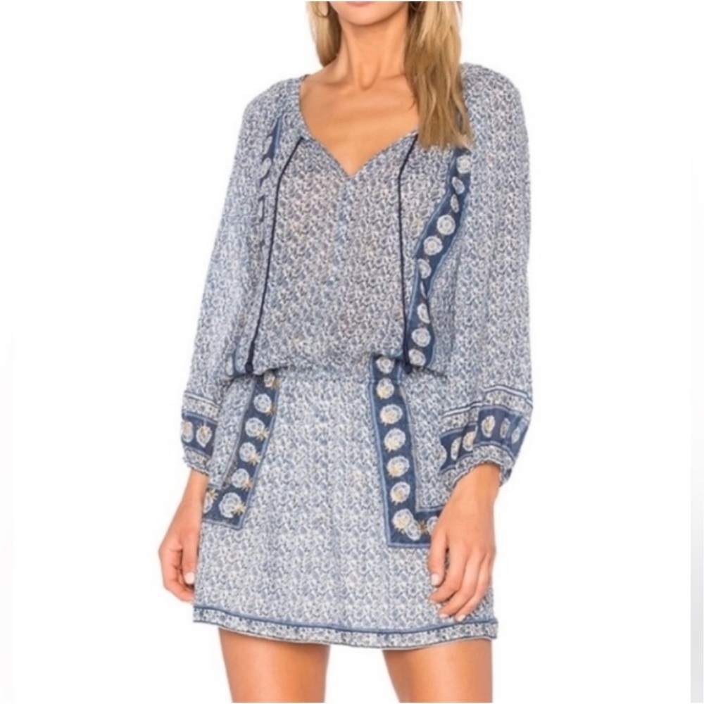 Joie Almee Paisley Boho Batik Blue White Gold Blouson Sleeve Mini Dress XS